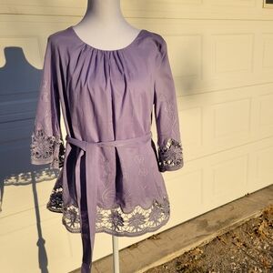 Motto Elegant Lavender Embroidered Cotton Blouse with Waist Tie Size XS